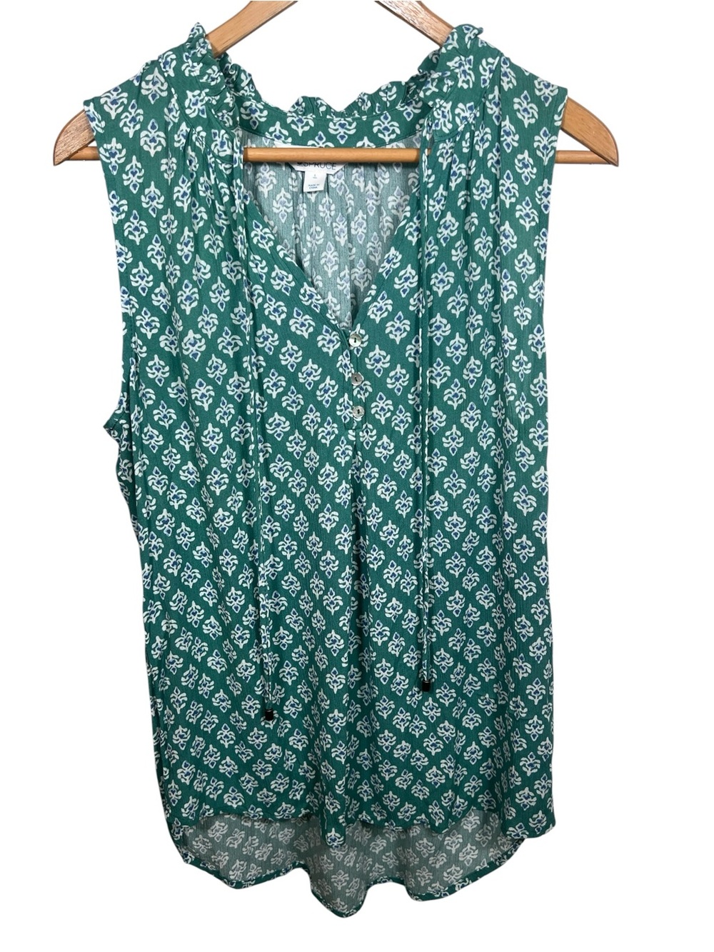 Market & Spruce Green Sleeveless Printed V-Neck Tie-Detail Top - Large